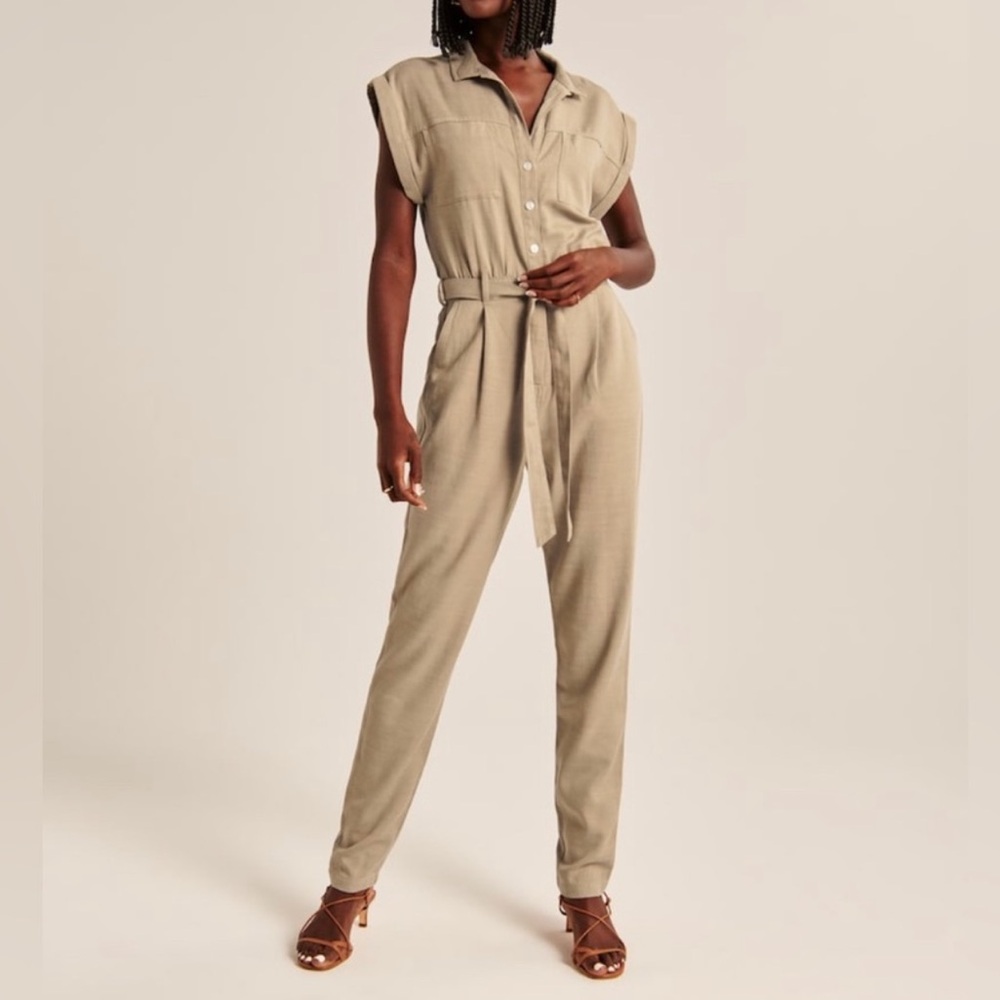 Abercrombie & Fitch Sleeveless Utility Jumpsuit in Beige